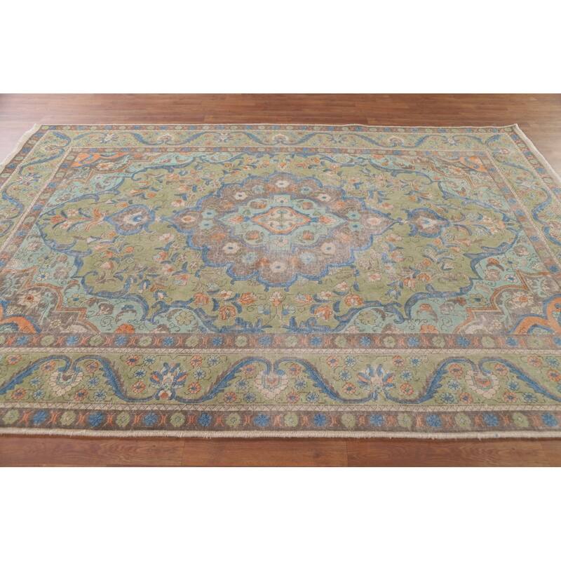 Hand Knotted Oriental 100% Wool Carpet Traditional Medallion Green Tabriz Area Rug - 9' 5'' X 6' 7''