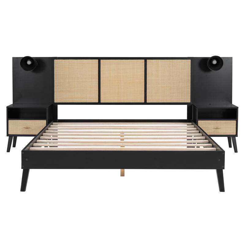 Queen Size Bed Frame, Nightstands & Headboard 3 in 1 Slats Platform Bed with Drawers and Lamps, Rattan Design for Bedroom