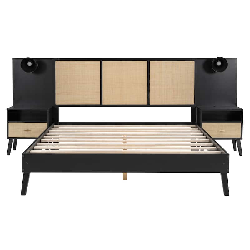 Queen Size Platform Bed with 2 Nightstands and 2 Lamps, Wooden Bed Frame with Elegant Rattan Headboard and Wood Combination