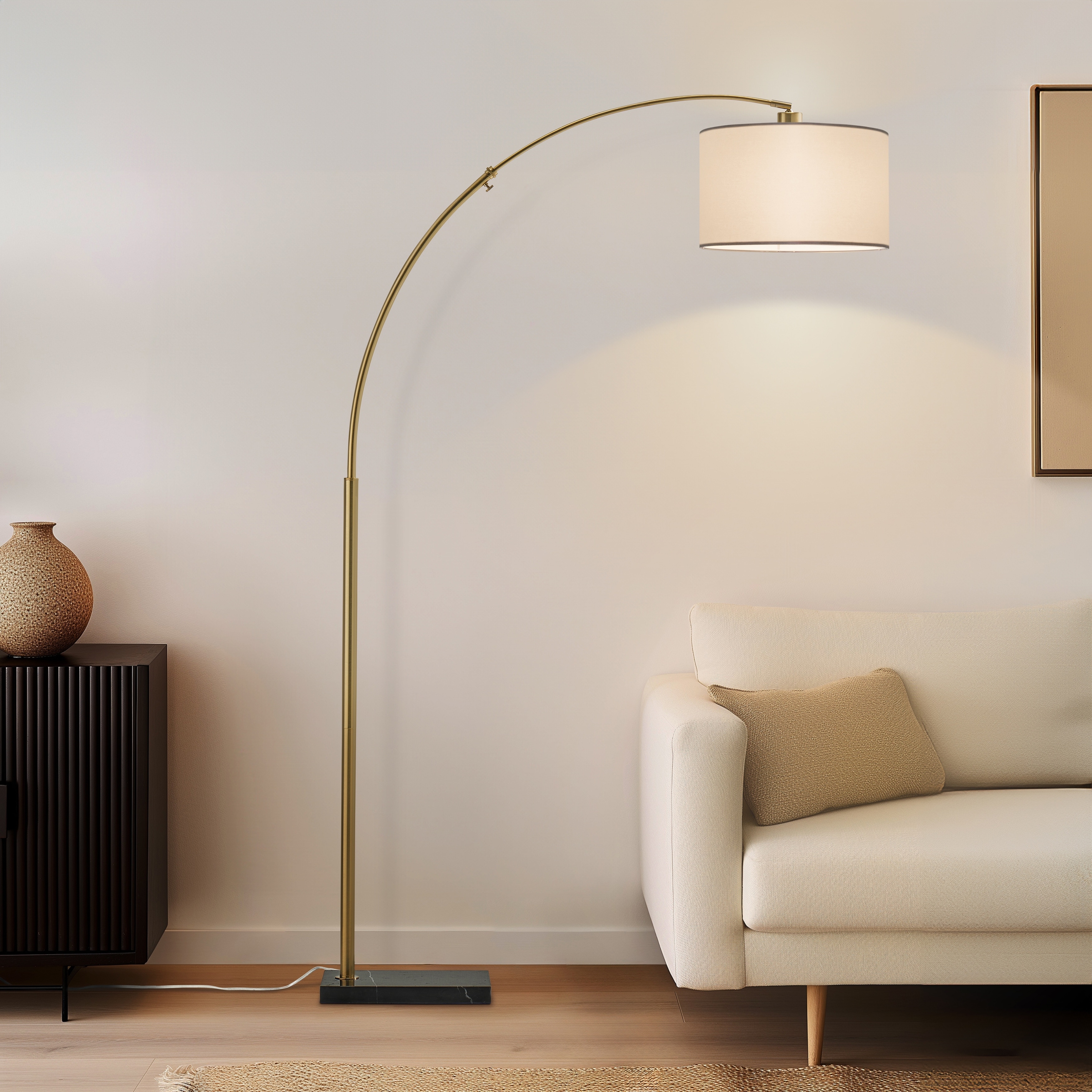 Brightech Logan 76 in. Antique Brass Modern Adjustable and Extendable LED Floor Lamp with White Fabric Drum Shade