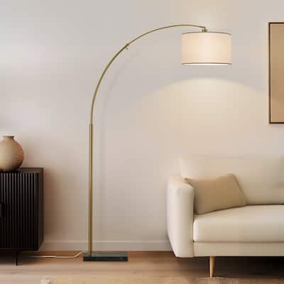 Brightech Logan 76 in. Antique Brass Modern Adjustable and Extendable LED Floor Lamp with White Fabric Drum Shade