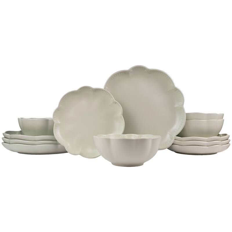 Sango Bethany 12-Piece Stoneware Dinnerware Set - Service for 4, Scalloped Plate & Bowl Set - Sage Green - 12 Piece