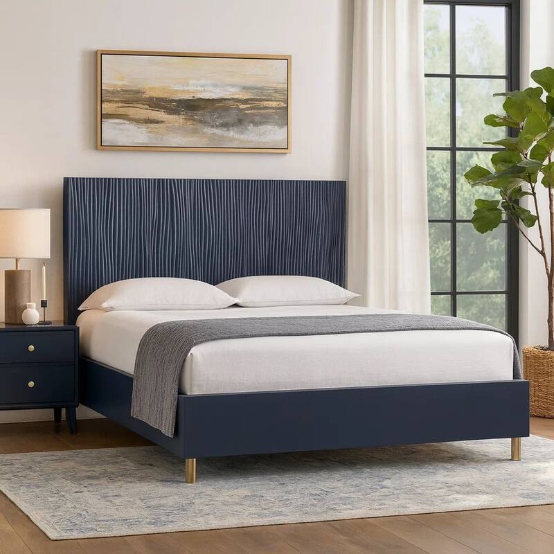 Herst Modern California King Bed, Brass Metal Legs, Wavy Texture Navy Blue