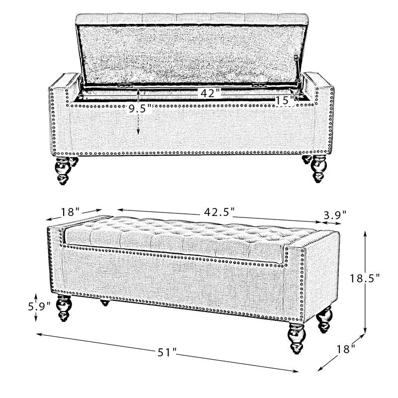 Felix Classic Button-Tufted Storage Bench With Nailhead Trims By HULALA HOME