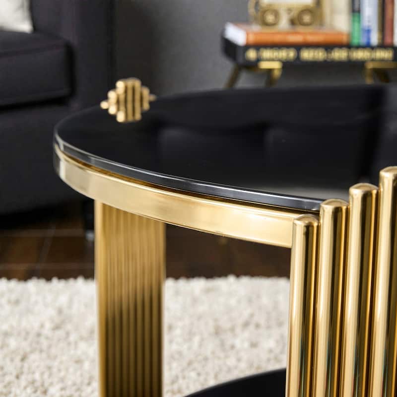 35 Inch Modern Round Coffee Table with Double Layer Black Glass and Gold Stainless Steel Frame, Easy Assembly