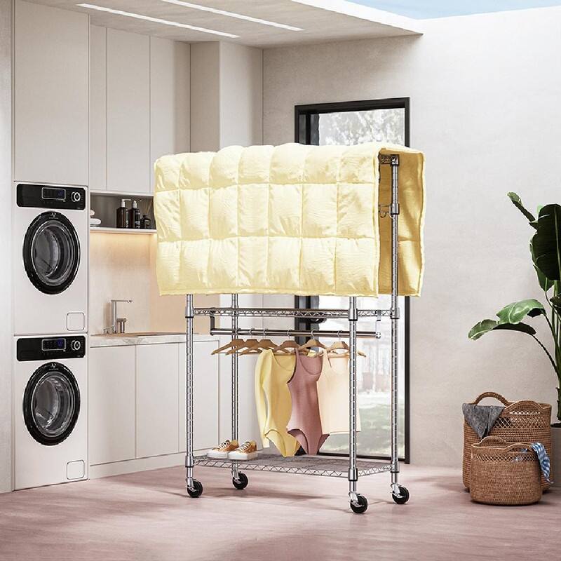 Heavy Duty Rolling Garment Rack with Wheels, 3-Tier Adjustable Wire Shelving, Clothes Rack with 2 Rods & Side Hooks