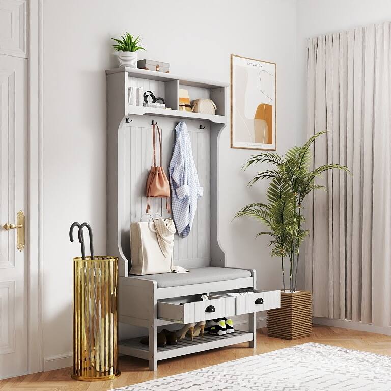 Entryway Hall Tree Cabinet Coat Rack with Cushion Shoe Bench, Storage Cabinet with Sliding Drawers