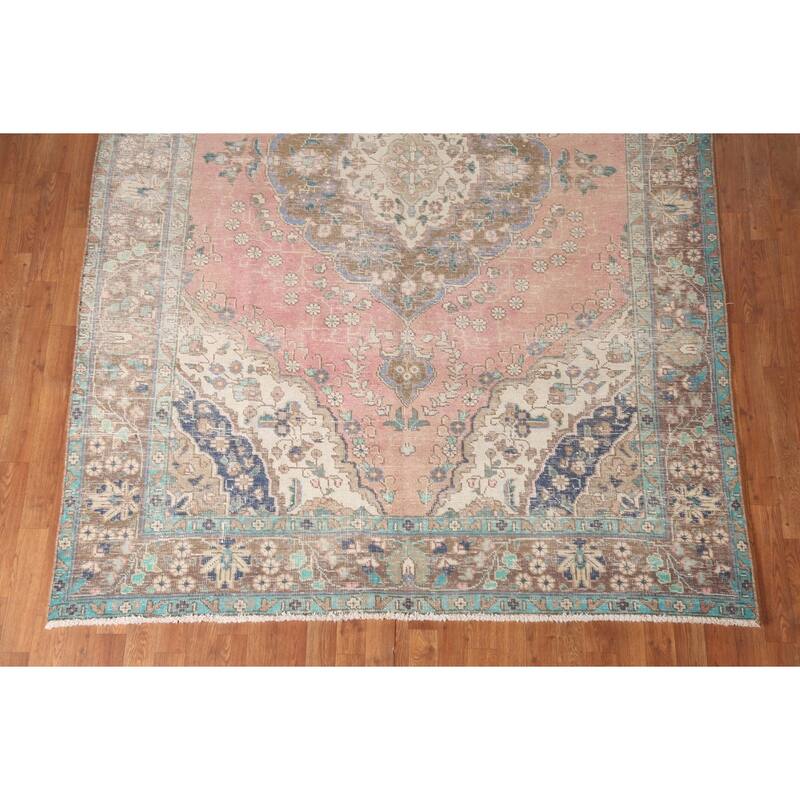 Hand Knotted Oriental 100% Wool Carpet Traditional Medallion Pink Tabriz Area Rug - 9' 8'' X 6' 8''
