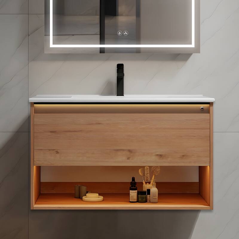 Blossom Bergen Wall Mounted Floating Bathroom Vanity with Sink - Oak - 36" Ceramic Sink