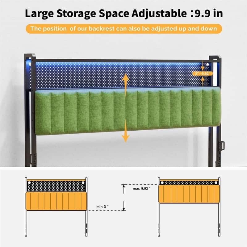 Adjustable Upholstered Headboard with 2 Tier Shelves with Charging Stations and LED Lights, Modern Bed Headboard with Storage