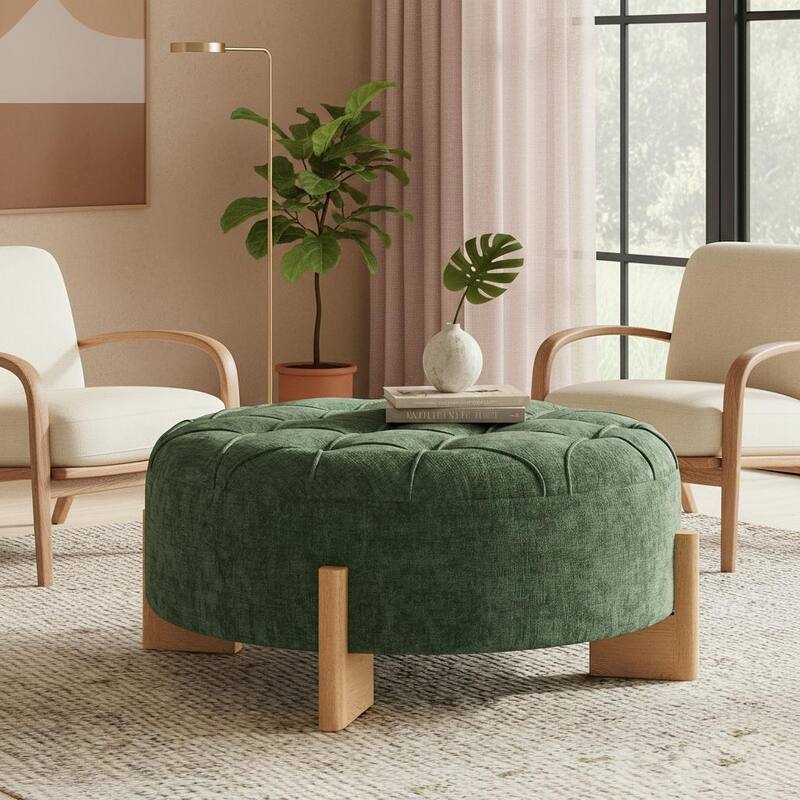 32" Round Tufted Ottoman with Solid Wood Legs by Harper&Bright Designs
