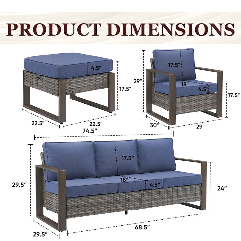 Gymojoy Patio High Back Sofa with Club Chair and Ottomans - Grey