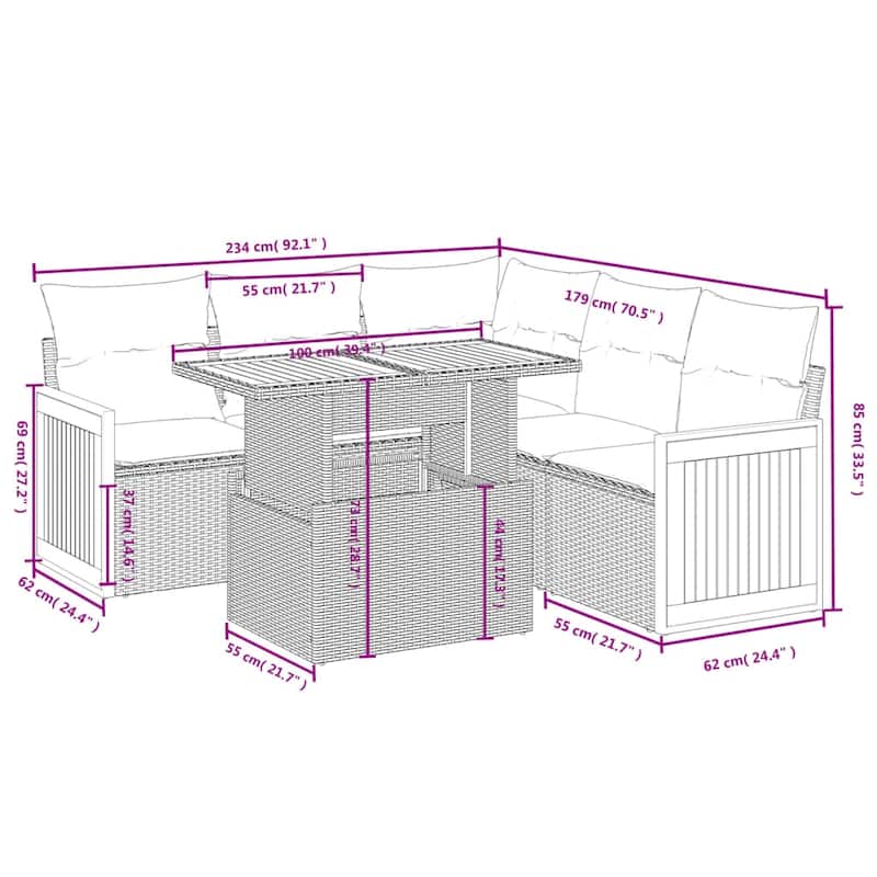 vidaXL Patio Sofa Set with Cushions Outdoor Furniture 6 Piece Poly Rattan - 21.7 x 39.4 x 28.7 in