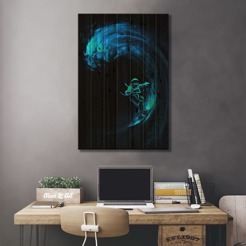 Space Surfing Blue Wave Print On Wood by Nicebleed - Multi-Color
