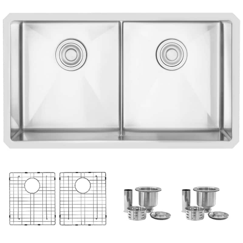 STYLISH 32 inch L x 18 inch W Stainless Steel Double Basin Low Divider Undermount Kitchen Sink with Grids and Strainers