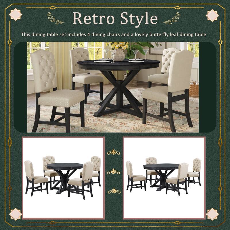 5 Piece Kitchen Dining Table Set, Wood Round Dining Table Set with Extendable Table and 4 Upholstered Chairs for Dining Room