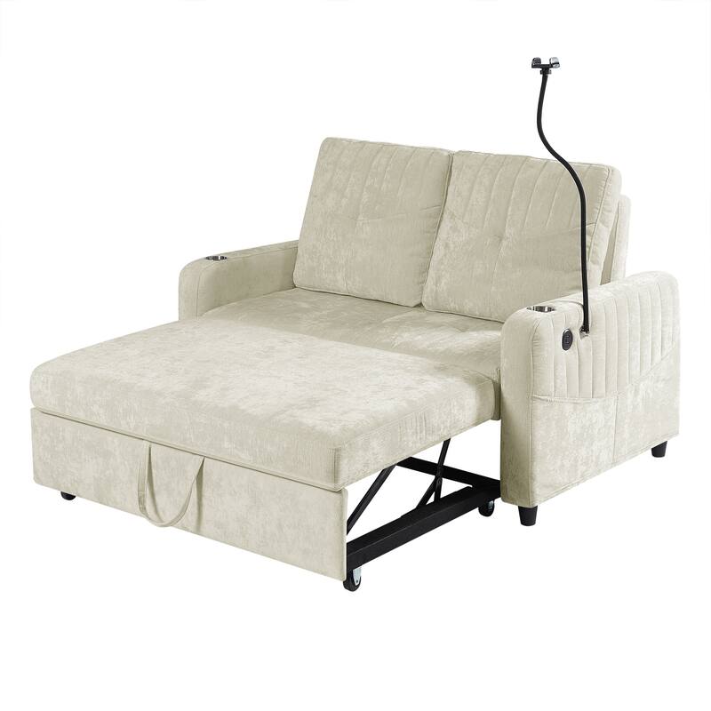 Chenille Loveseat Convertible Pull-out Sleeper Sofa Bed, Tufted Couch w2 Cup Holders Phone Holder & 3 USB Ports, Pockets