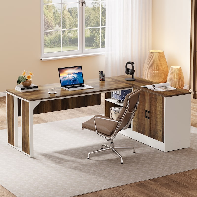 L-Shaped Executive Desk with Cabinet, Large Office Desk Workstation - Brown + White