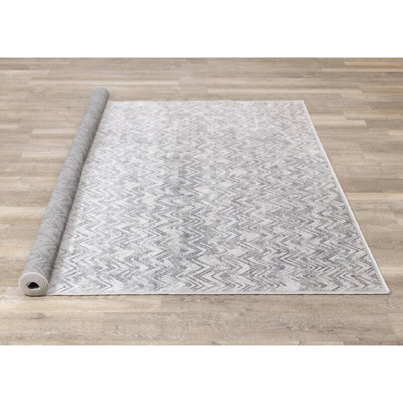 Victoria Collection - White/Grey Distressed Zig Zags Rug