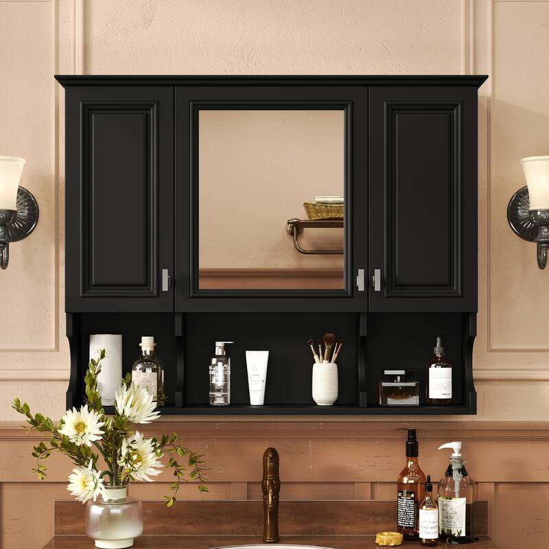 35'' x 28'' Wall Mounted Bathroom Cabinet, Modern Bathroom Wall Cabinet with Mirror and Open Shelves - Black