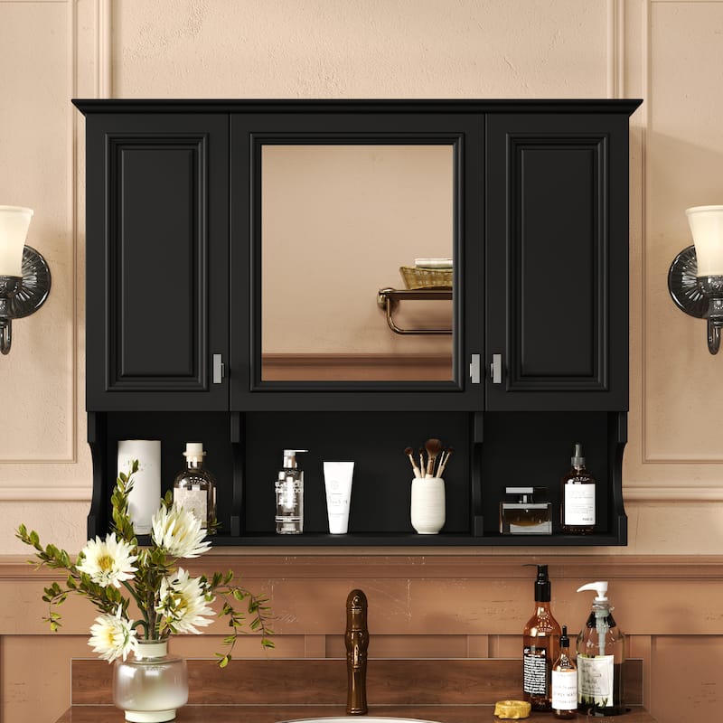 Roomfitters 35"x28" Wall Mounted Medicine Cabinet, Bathroom Mirror Cabinet with Open Shelves, Modern Storage Design - Black