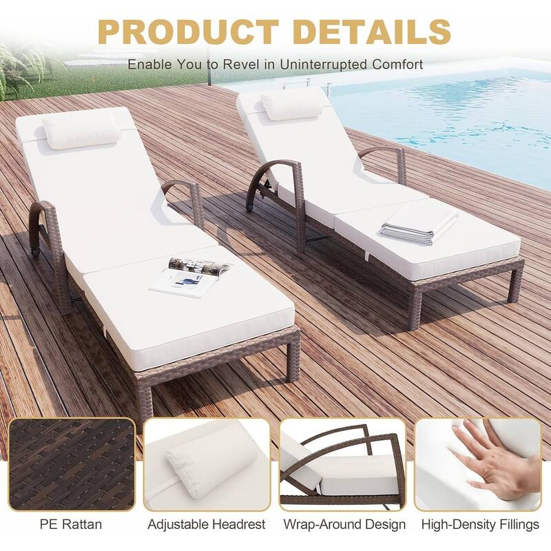 2-Piece Outdoor Rattan Patio Folding Chaise Lounge with Adjustable Backrest for Poolside, Backyard, Deck