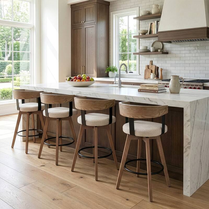 Beck Beige Linen Fabric Counter Stool with Natural Wood Backrest and Legs