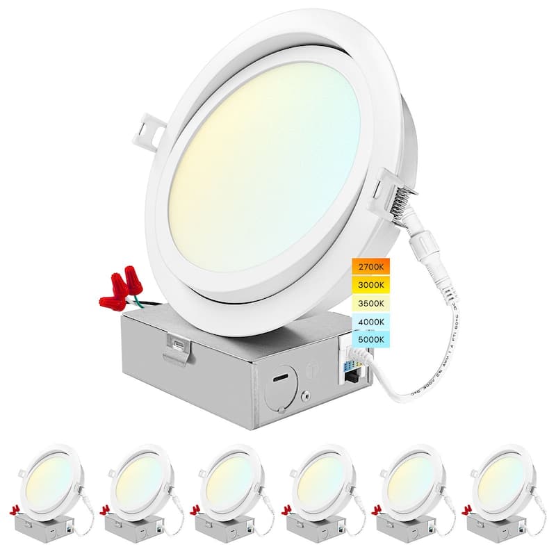 Luxrite 6 Inch Gimbal LED Recessed Lighting, 5 CCT 2700K-5000K, 1400 Lumens, Dimmable, 15W, Wet Rated, ETL Listed 6-Pack - Color Selectable 2700K/3000K/3500K/4000K/5000K