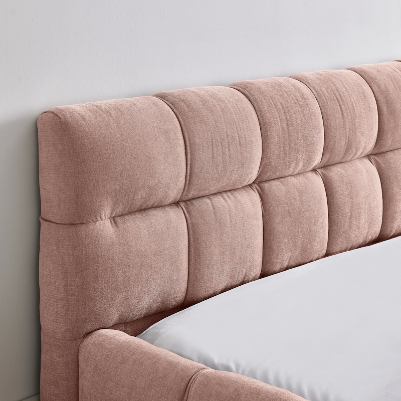 Block Thick Chenille Low Profile Platform Bed Fabric Upholstered Bedframe with Headboard Solid Wood Frame - Optional Storage Bed