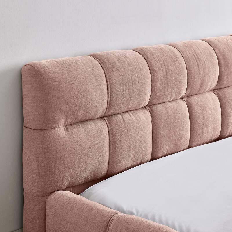 Chenille Fabric Grounded Queen Size Platform Bed with Headboard and Solid Frame
