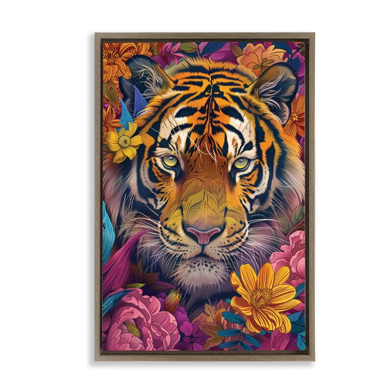 Stupell Peering Tiger Through Flowers Framed Floater Canvas Wall Art Design By LSR Design Studio - 17 x 25 - Brown