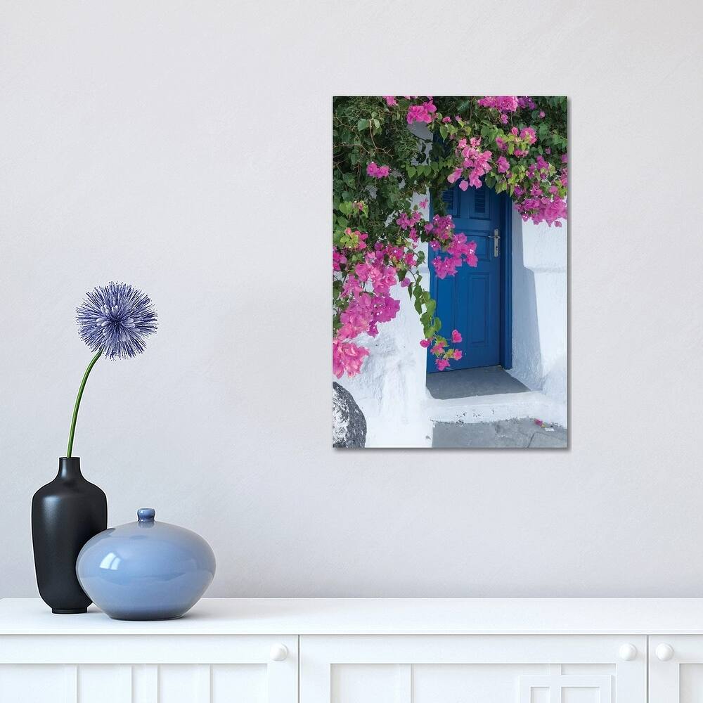 iCanvas "A Picturesque Blue Door Surrounded By Pink Bougainvillea, Firostefani, Santorini, Greece" by Brenda Tharp Canvas Print