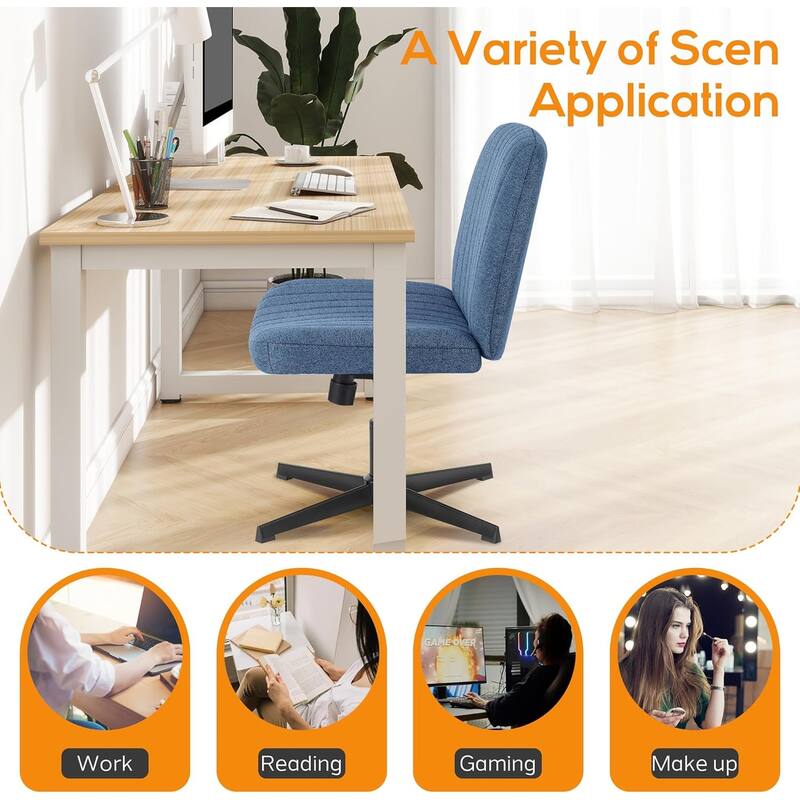 Home Office Desk Chair Criss Cross Legged Office, Wide Comfty Desk, Wheels Armless Computer Task, Swivel Vanity Home Chair
