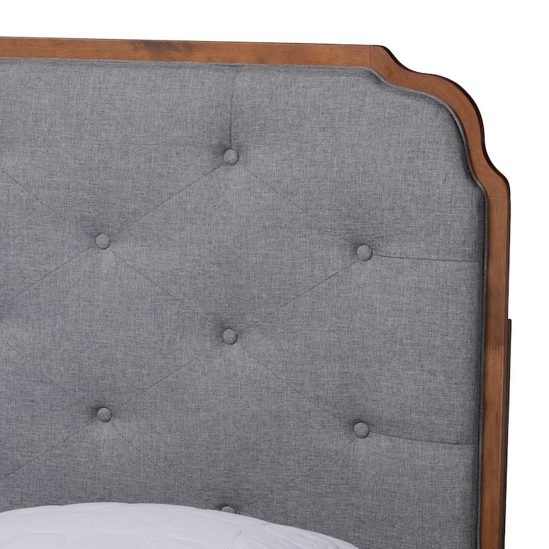 Garron Mid-Century Modern Grey Fabric and Walnut Brown Wood Queen Size Platform Bed