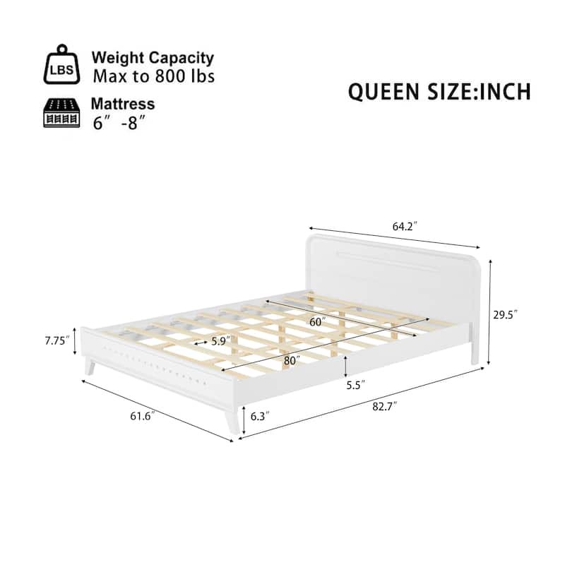 Roomfitters Queen Pine Wood Bed Frame, Stable Reinforced Platform Base, No Box Spring Needed, Integrated Slats