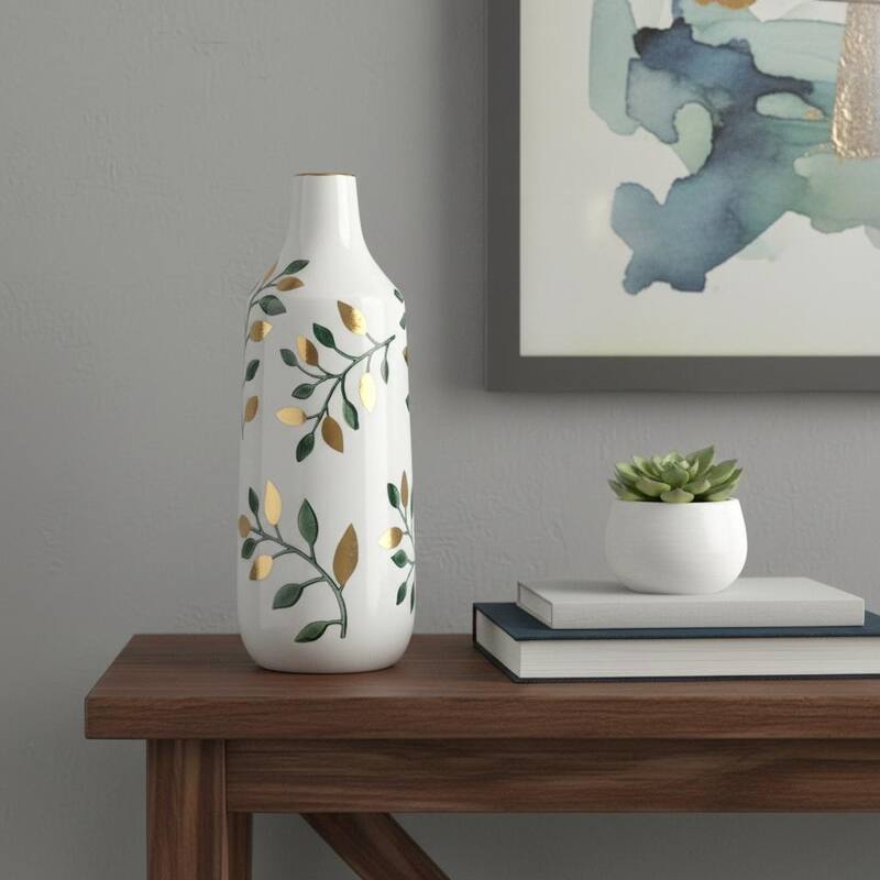 12" White Green And Gold Floral Leaf Bud Ceramic Table Vase - 4.70 - Green/Gold/White - 4.70