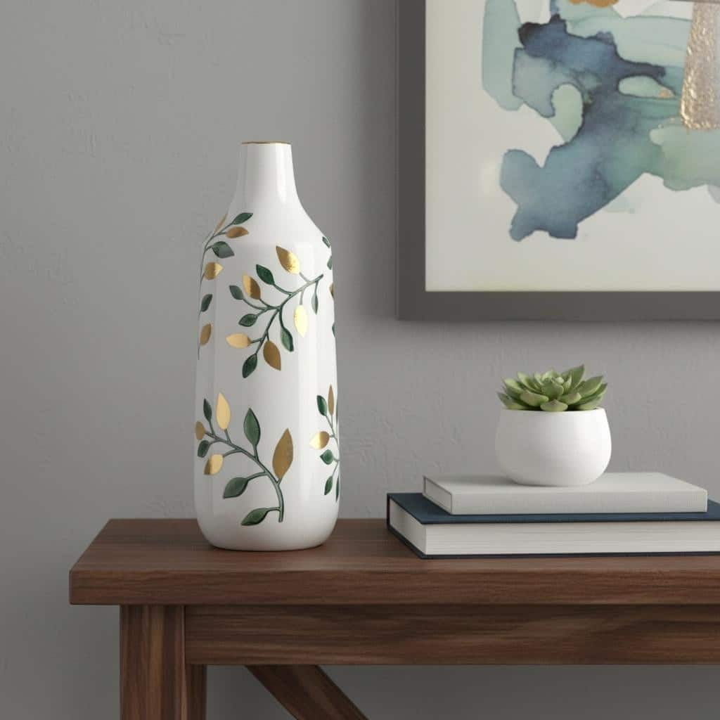 12" White Green And Gold Floral Leaf Bud Ceramic Table Vase - 4.70