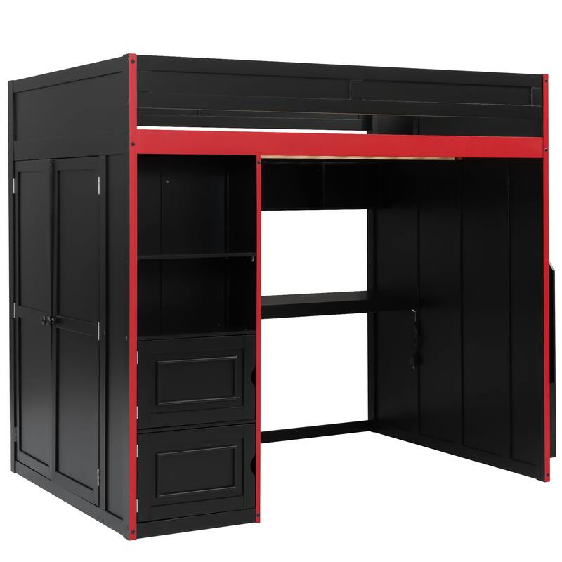 GDFStudio - GameZone Modern Wooden Gaming Loft Bed with Desk, Storage and LED Lighting