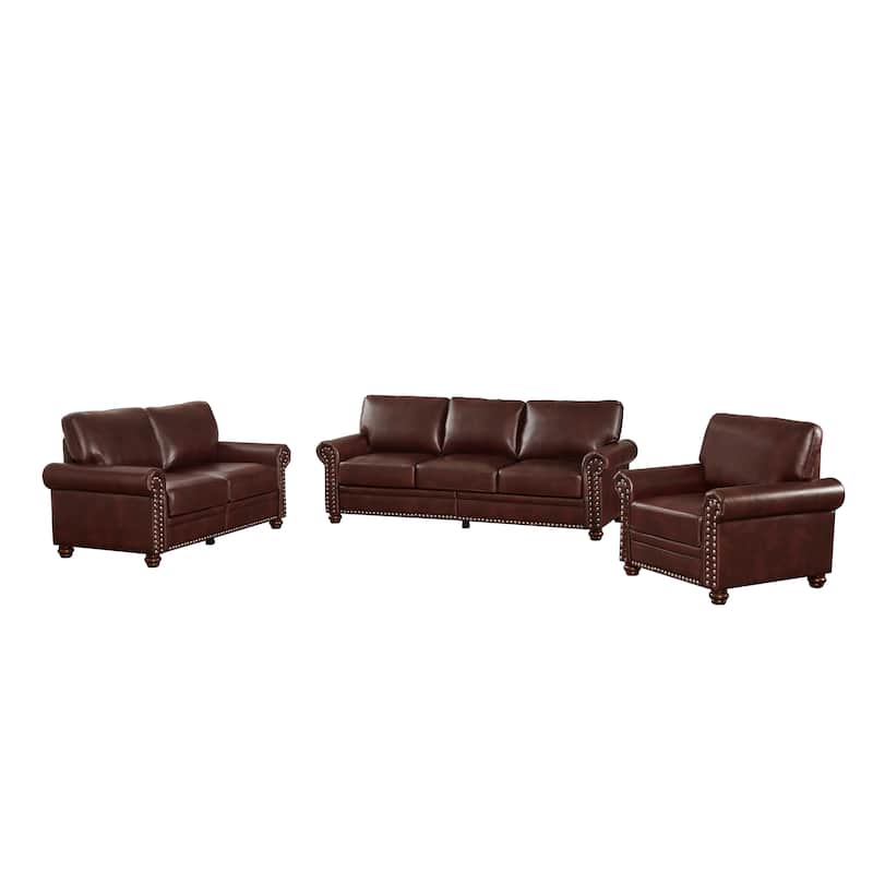 Living Room PU Sofa Set with Storage Sofa, 1+2+3 Sectional with Silver Nails and Solid Wood Legs