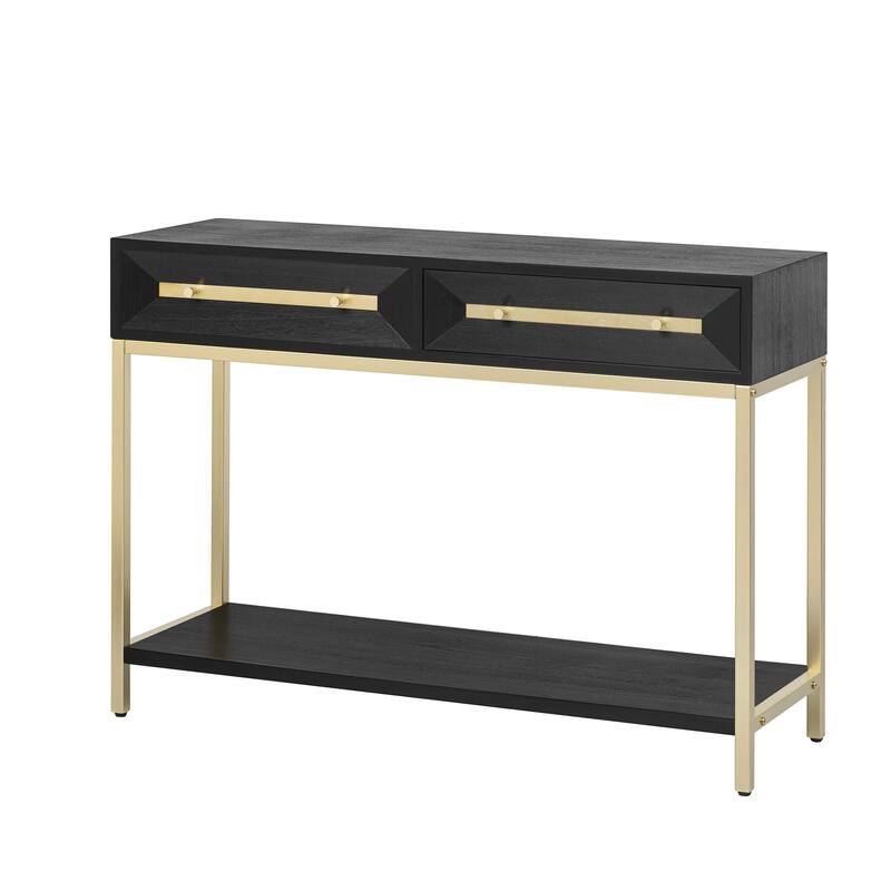 Entryway Table Paulownia Veneer Console Table, Hallway Table with 2 Geometric Beveling Drawers and Open Storage Shelf Black
