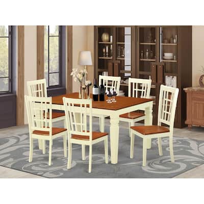 HomeStock 7-Piece Buttermilk and Cherry Finish Solid Wood Top Dining Table with 6 Chairs with Lattice Back