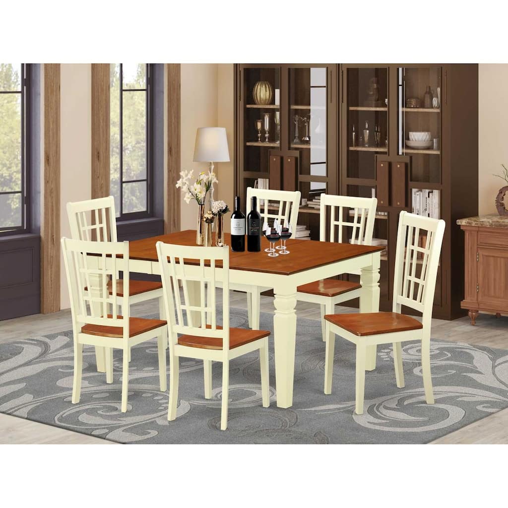 HomeStock 7-Piece Buttermilk and Cherry Finish Solid Wood Top Dining Table with 6 Chairs with Lattice Back