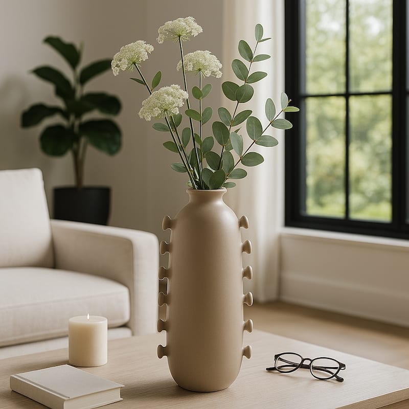 Unique Artistic Table Vase with Side Detailing - Tan