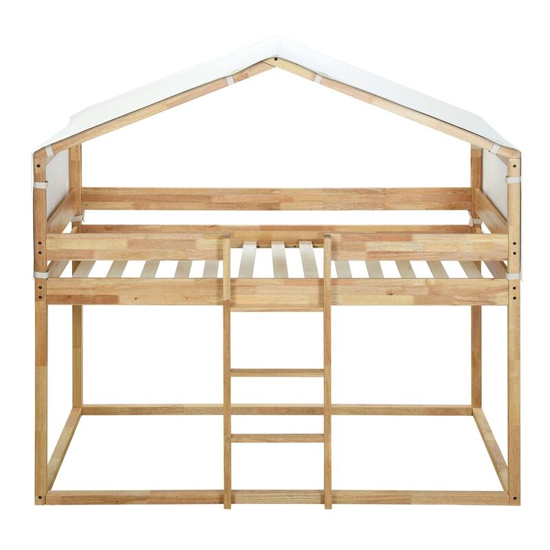 Fairytale House Bed Twin Over Twin Bunk Bed Wood Platform Bed Frame with Ladder Apex Roof Tent for Boys Girls, House-Shaped Bed