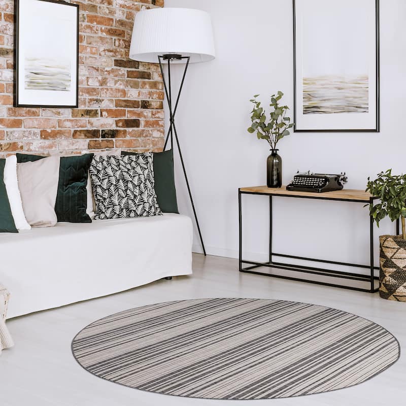Beverly Rug Dark Grey Striped Indoor Outdoor Rug, Outside Carpet for Patio, Deck, Porch