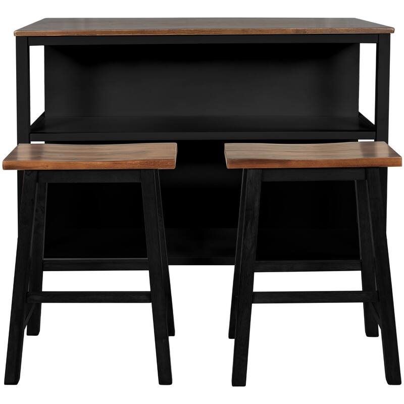 3-Piece Farmhouse Style Kitchen Island Set with Spacious Tabletop, Storage Shelves, and Two Comfortable Stools
