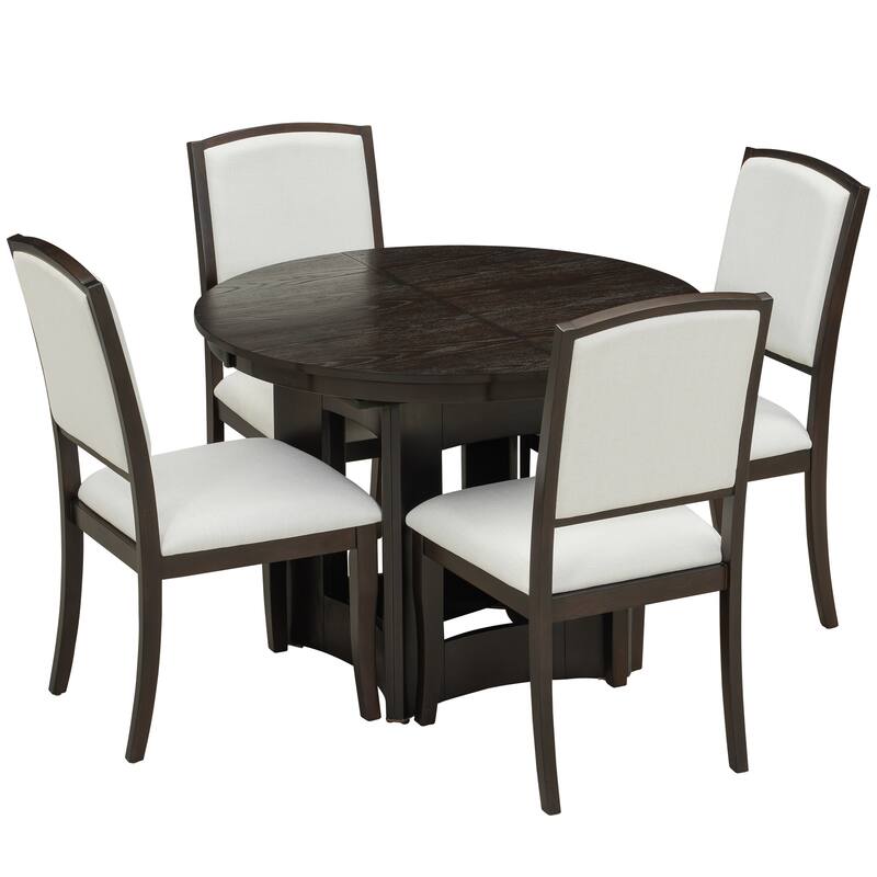 Extendable Round Dining Table Set for 4, 5-Piece Kitchen Table Set with 4 Upholstered Chairs and 16inch Removable Leaf