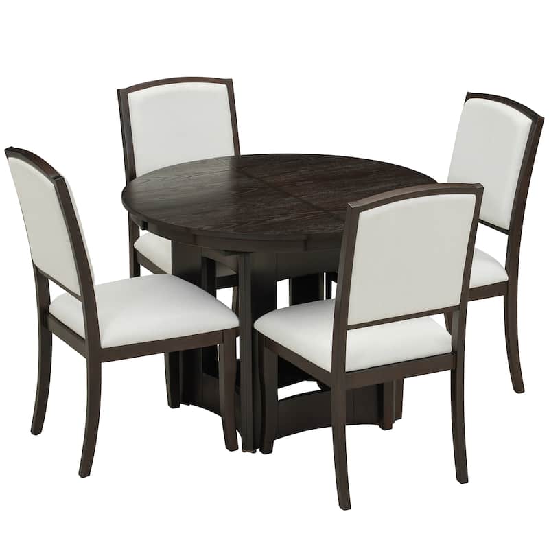Roomfitters 5-Piece Extendable Round Dining Table Set, Farmhouse Kitchen Table with 16" Leaf and 4 Chairs
