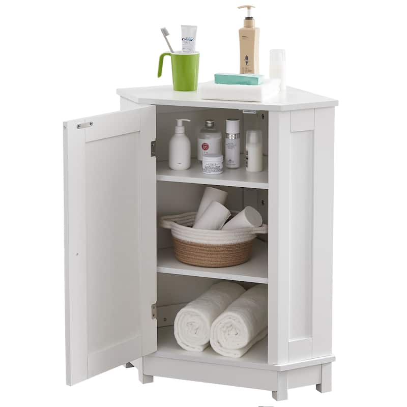 Bathroom Corner Storage Cabinet, Wood Single Door Corner Cabinet, Freestanding Organizer with Adjustable Shelves