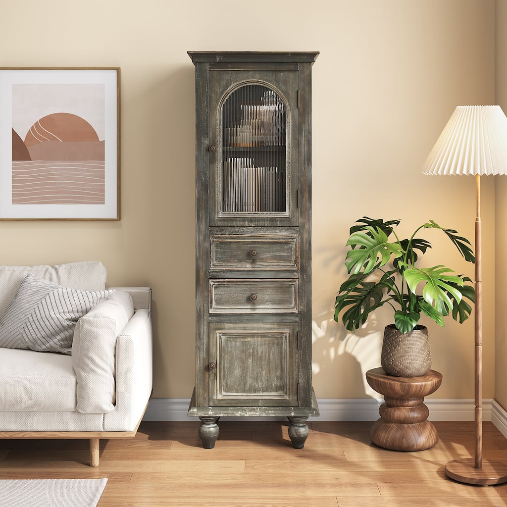 Farmhouse Tall Narrow Storage Cabinet - Rustic Wood Linen Cabinet with 2 Drawers & 2 Doors, Freestanding Bathroom Floor Cabinet